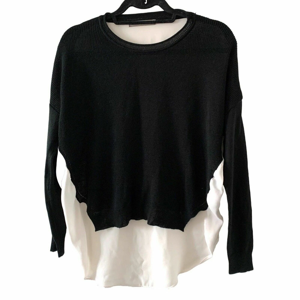 Finn & Clover Womens Knit Top Black White High Low Long Sleeve Pullover Solid S